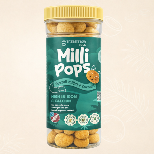 Coconut Milli Pops - little crunchy pops made with mix of foxtail millet, coconut, and jaggery. Perfect for tiny snack breaks, healthy snacks. Grama Foods.