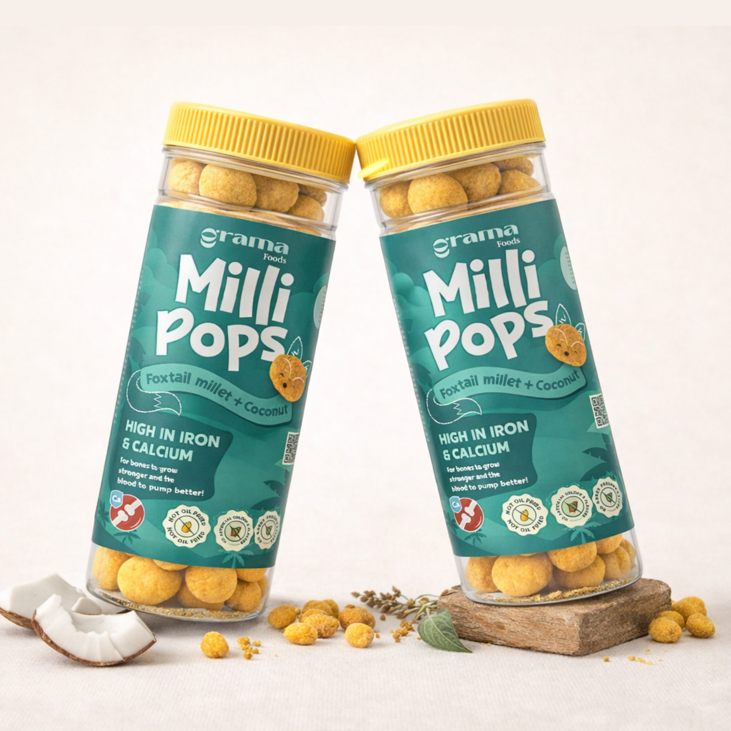 Grama Foods - Combo Jars line, travel-friendly snacks, munching, healthy, popped, not oil-fried. multi-millets, coconut, peanut. Healthy eating for child. 