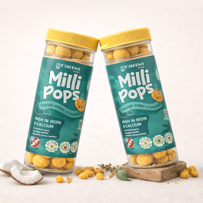Grama Foods - Combo Jars line, travel-friendly snacks, munching, healthy, popped, not oil-fried. multi-millets, coconut, peanut. Healthy eating for child. 