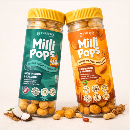 Grama Foods - Combo Jars line, travel-friendly snacks, munching, healthy, popped, not oil-fried. multi-millets, coconut, peanut. Healthy eating for child. 