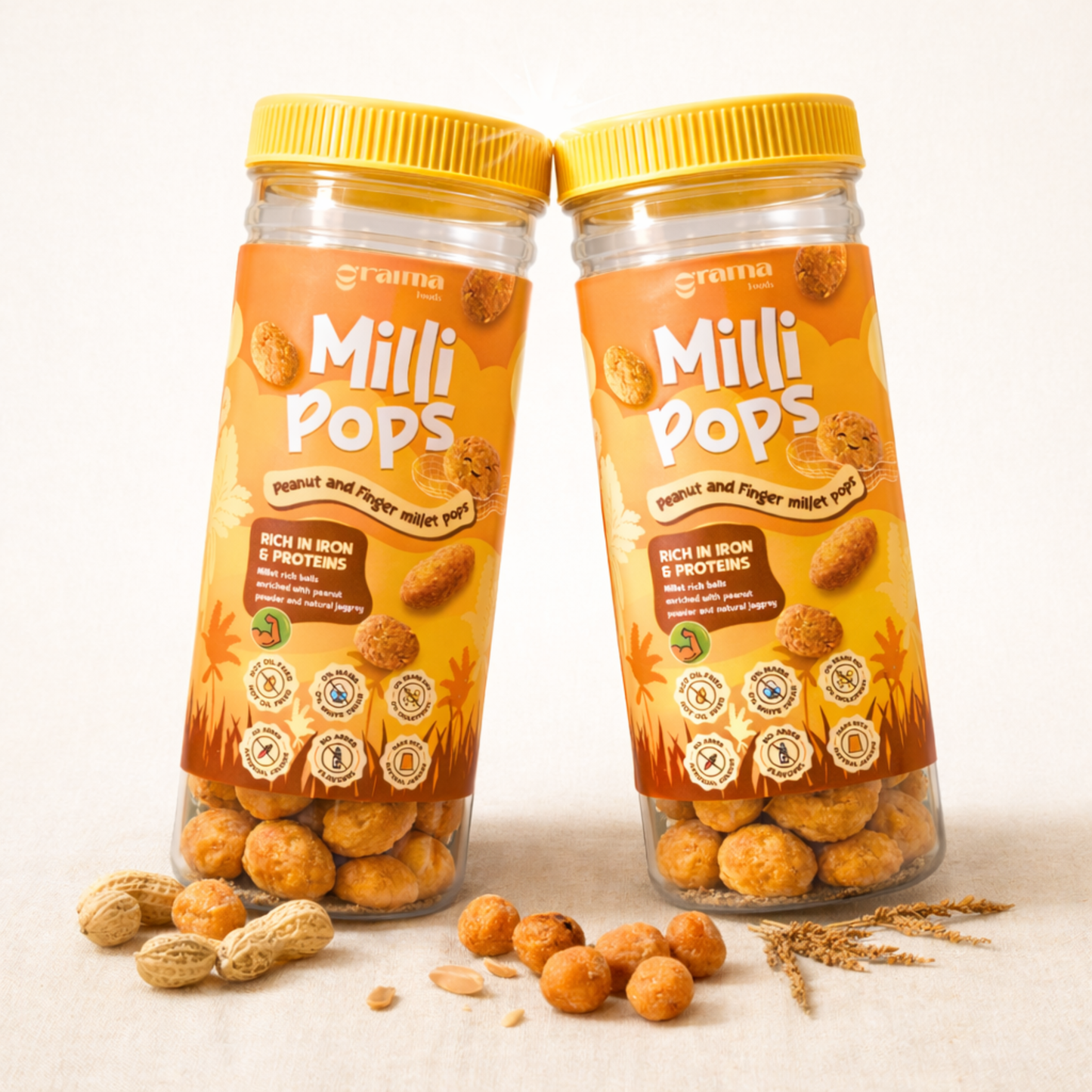 Grama Foods - Combo Jars line, travel-friendly snacks, munching, healthy, popped, not oil-fried. multi-millets, coconut, peanut. Healthy eating for child. 