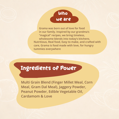 Ingredients for Peanut Milli Pops - Finger Millet, Jaggery Powder, Peanut Powder. And a brief About us for Grama Foods - made with love, crafted with care