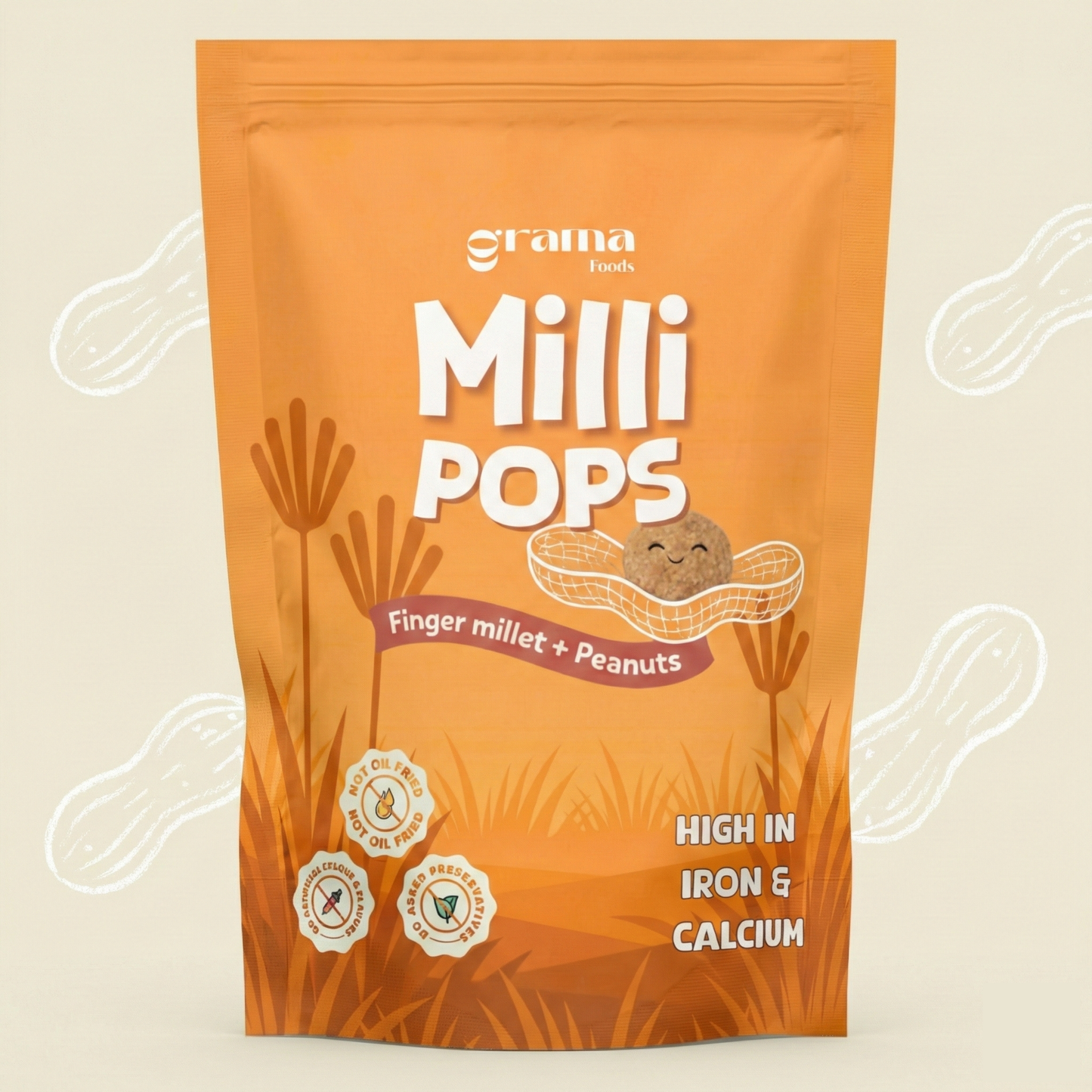 Peanut Milli Pops - little crunchy pops made with mix of finger millet, peanut, and jaggery. Perfect for tiny snack breaks, healthy snacks. Grama Foods.