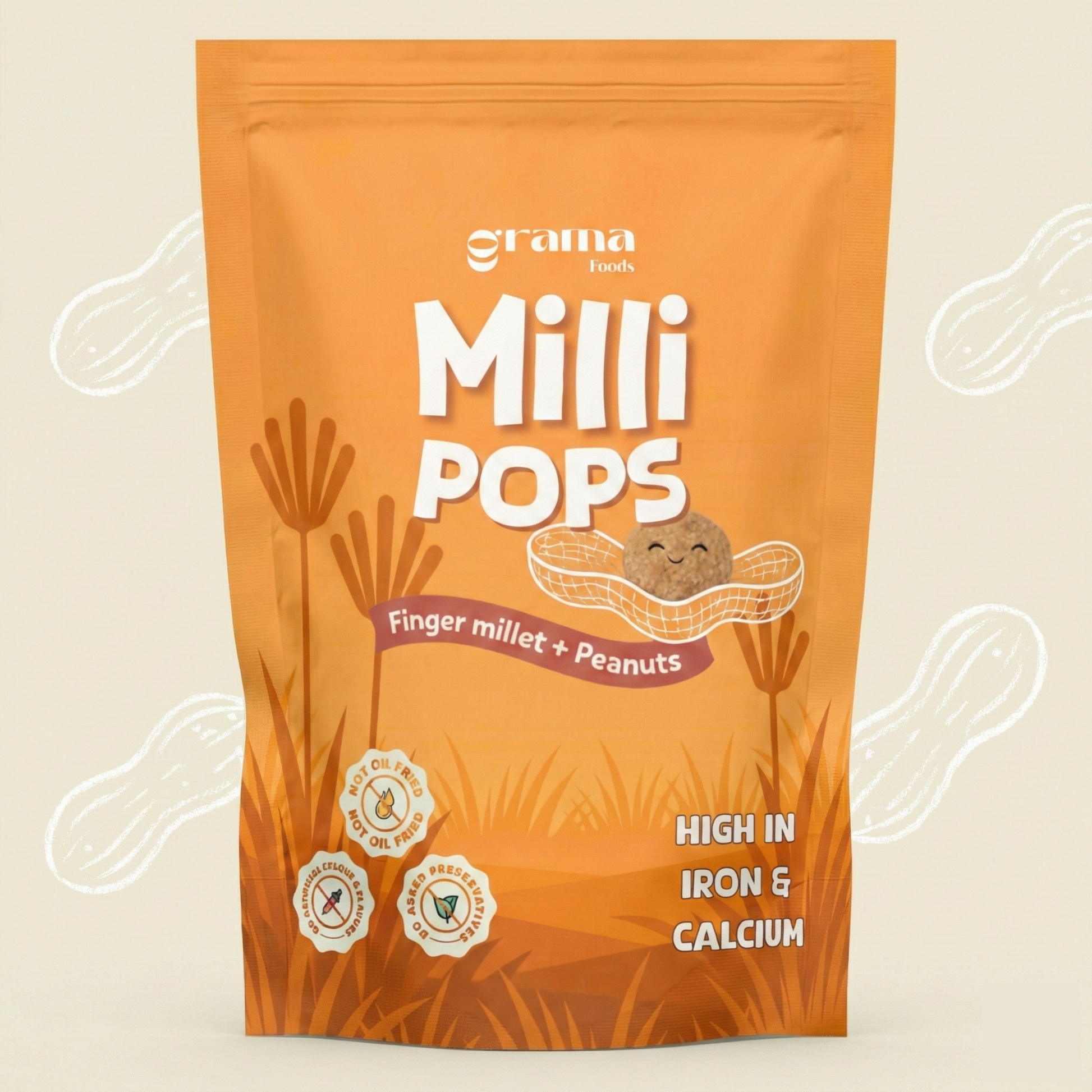 Peanut Milli Pops - little crunchy pops made with mix of finger millet, peanut, and jaggery. Perfect for tiny snack breaks, healthy snacks. Grama Foods.