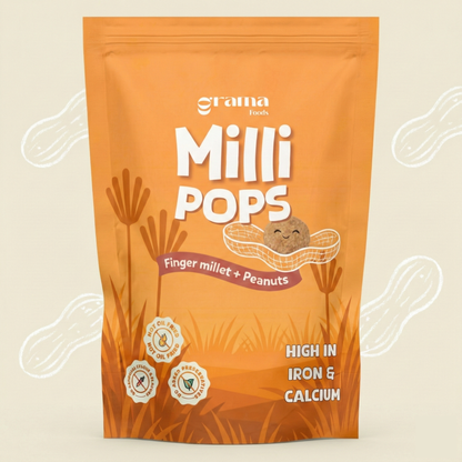 Peanut Milli Pops - little crunchy pops made with mix of finger millet, peanut, and jaggery. Perfect for tiny snack breaks, healthy snacks. Grama Foods.