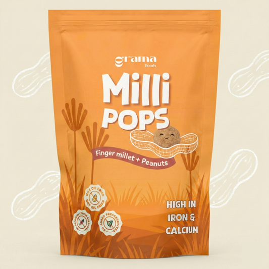 Peanut Milli Pops - little crunchy pops made with mix of finger millet, peanut, and jaggery. Perfect for tiny snack breaks, healthy snacks. Grama Foods.