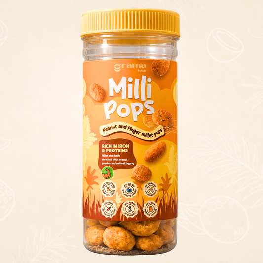 Peanut Milli Pops - little crunchy pops made with mix of finger millet, peanut, and jaggery. Perfect for tiny snack breaks, healthy snacks. Grama Foods.